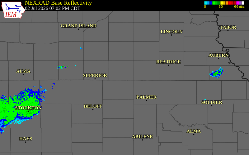 NEXRAD radar during the Thursday, July 2, 2026 storm activity in Thayer County, Nebraska