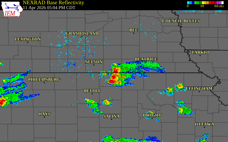 Radar snapshot during the Apr 11, 2026 tornado event near 4 NE Chester, Thayer County, Nebraska, with NWS warning polygons