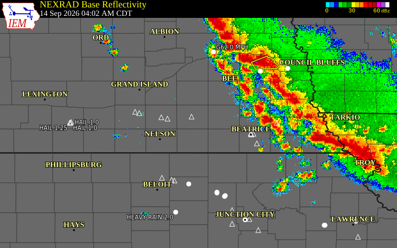 Current NEXRAD radar over Thayer County, Nebraska with recent storm report locations