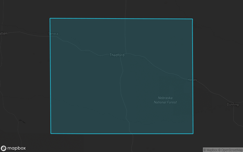 Map of Thomas County, Nebraska showing the county boundary and surrounding cities