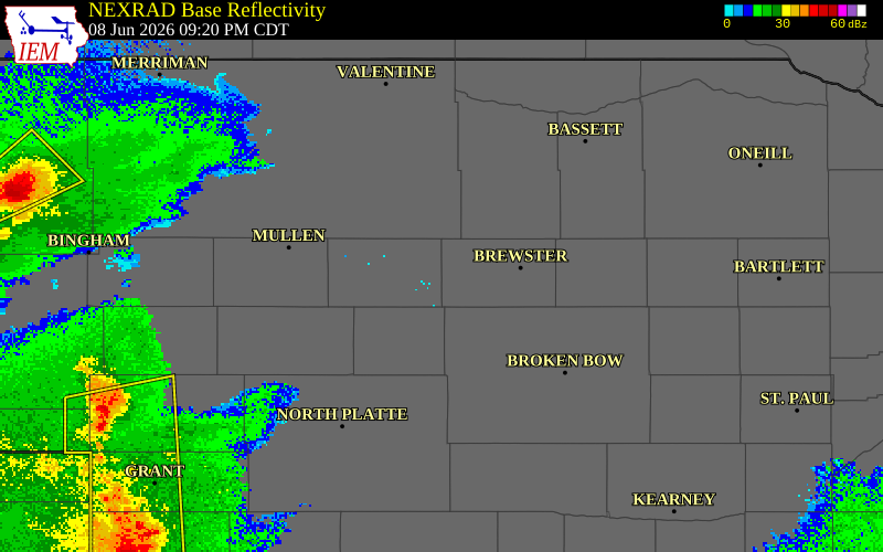 NEXRAD radar during the Monday, June 8, 2026 storm activity in Thomas County, Nebraska