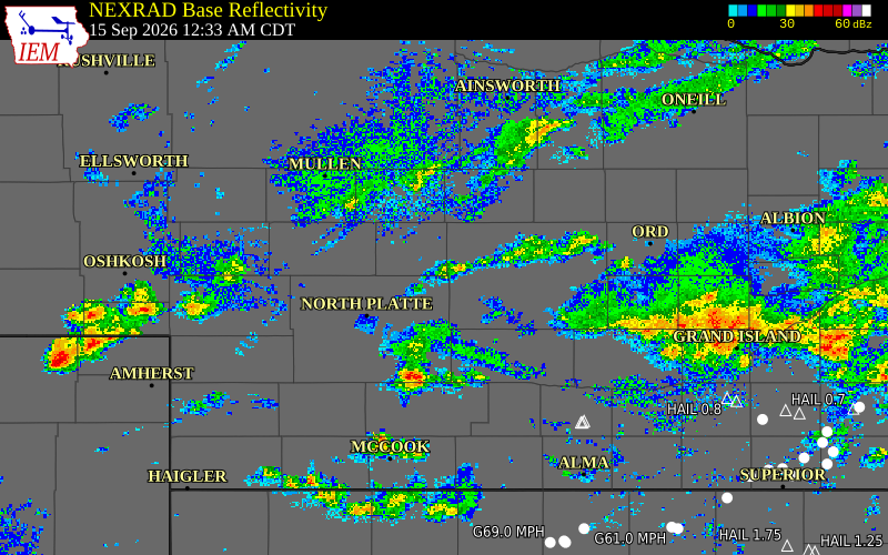 Current NEXRAD radar over Thomas County, Nebraska with recent storm report locations