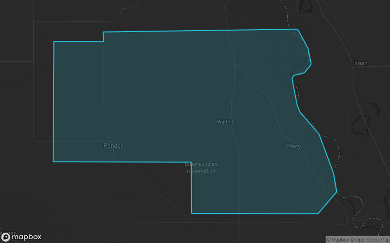 Map of Thurston County, Nebraska showing the county boundary and surrounding cities