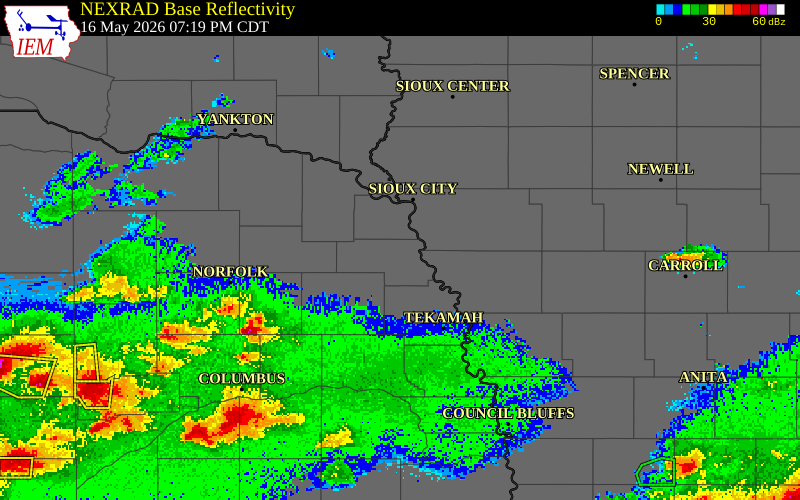 NEXRAD radar during the Saturday, May 16, 2026 storm activity in Thurston County, Nebraska