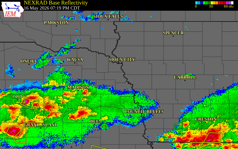 Radar snapshot during the May 16, 2026 tornado event near 1 S Winnebago, Thurston County, Nebraska, with NWS warning polygons