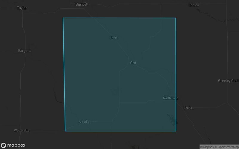 Map of Valley County, Nebraska showing the county boundary and surrounding cities