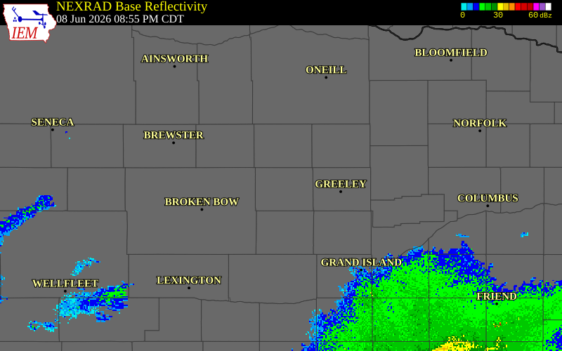 NEXRAD radar during the Monday, June 8, 2026 storm activity in Valley County, Nebraska