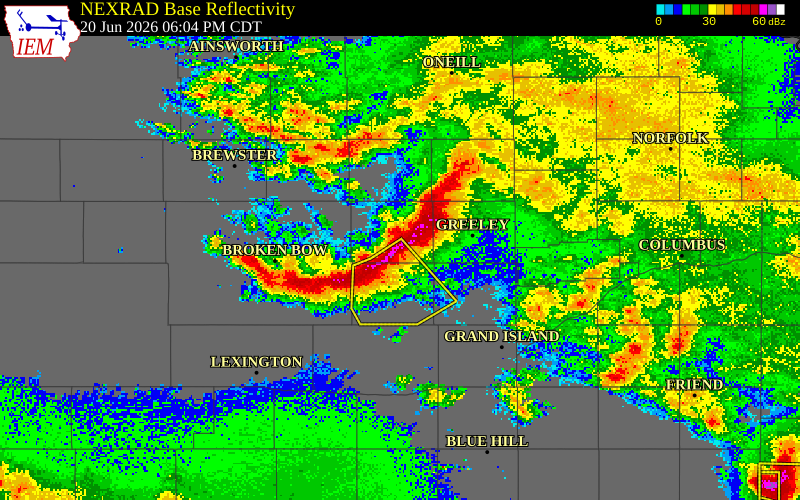 NEXRAD radar during the Saturday, June 20, 2026 storm activity in Valley County, Nebraska