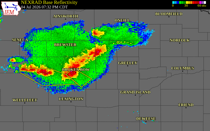 NEXRAD radar during the Saturday, July 4, 2026 storm activity in Valley County, Nebraska