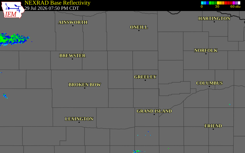 NEXRAD radar during the Wednesday, July 29, 2026 storm activity in Valley County, Nebraska