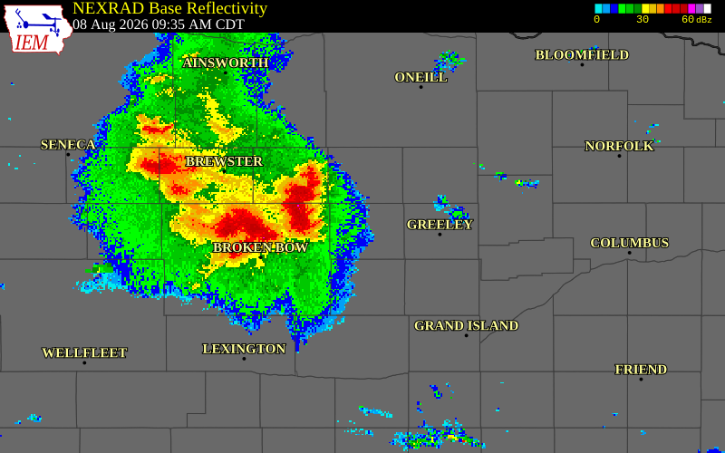 NEXRAD radar during the Saturday, August 8, 2026 storm activity in Valley County, Nebraska