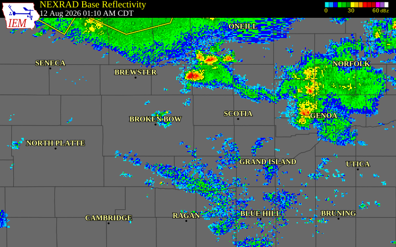 NEXRAD radar during the Wednesday, August 12, 2026 storm activity in Valley County, Nebraska