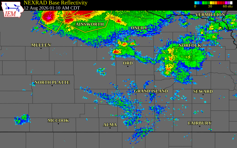 Radar snapshot during the Aug 12, 2026 wind event near 2 W Arcadia, Valley County, Nebraska, with NWS warning polygons