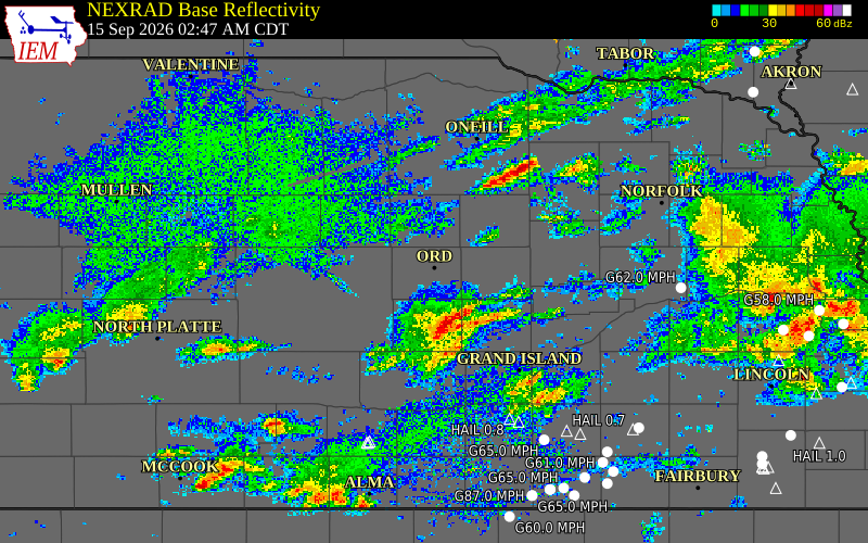 Current NEXRAD radar over Valley County, Nebraska with recent storm report locations