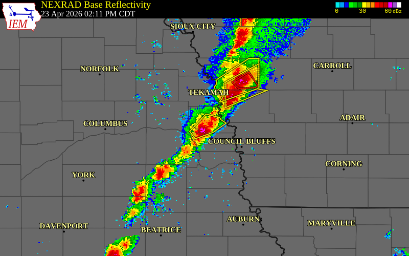 NEXRAD radar during the Thursday, April 23, 2026 storm activity in Washington County, Nebraska