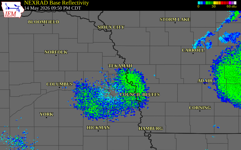 NEXRAD radar during the Thursday, May 14, 2026 storm activity in Washington County, Nebraska