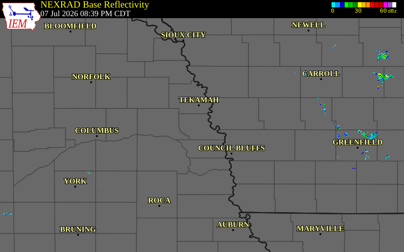 NEXRAD radar during the Tuesday, July 7, 2026 storm activity in Washington County, Nebraska
