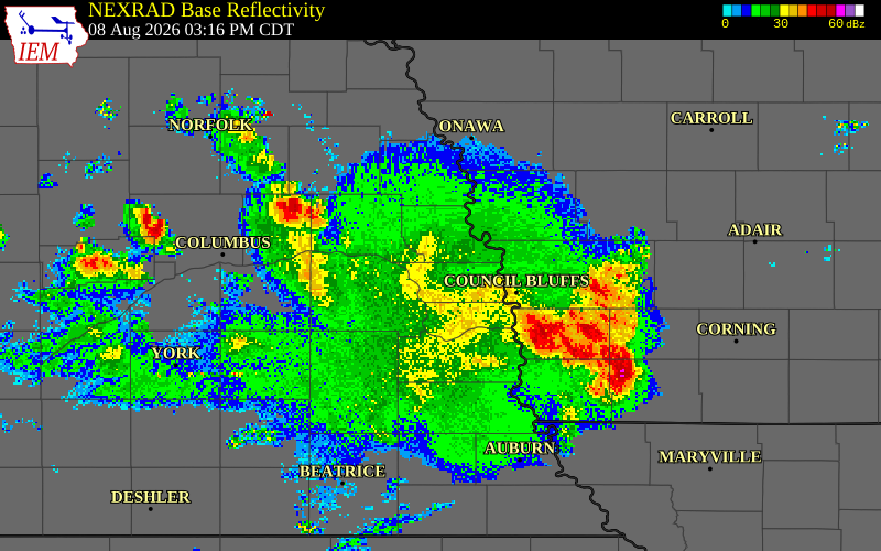 NEXRAD radar during the Saturday, August 8, 2026 storm activity in Washington County, Nebraska