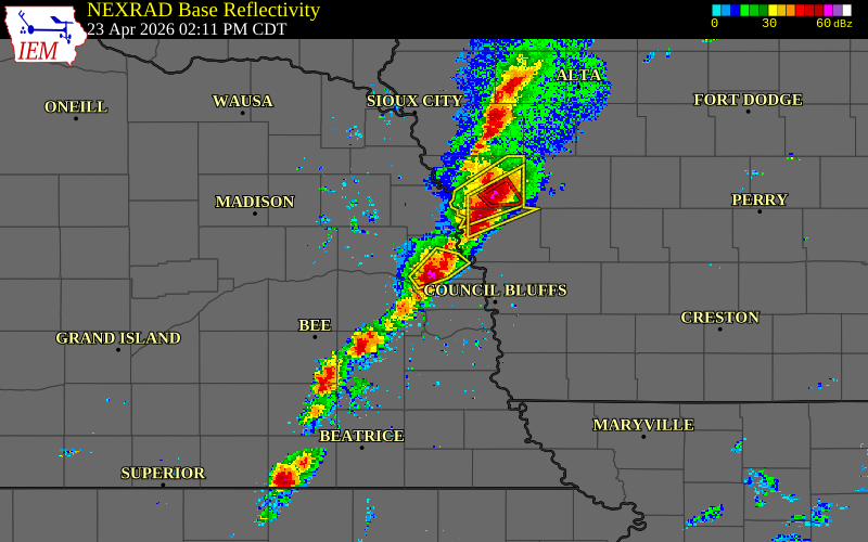 Radar snapshot during the Apr 23, 2026 hail event near 4 WSW Kennard, Washington County, Nebraska, with NWS warning polygons