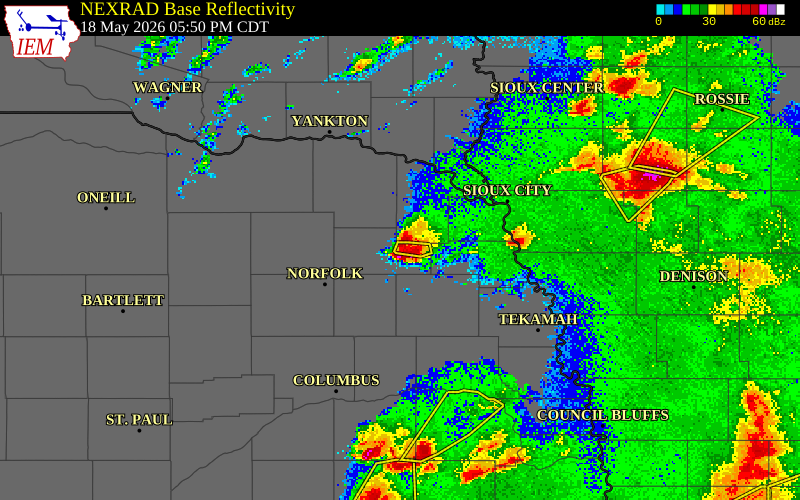 NEXRAD radar during the Monday, May 18, 2026 storm activity in Wayne County, Nebraska