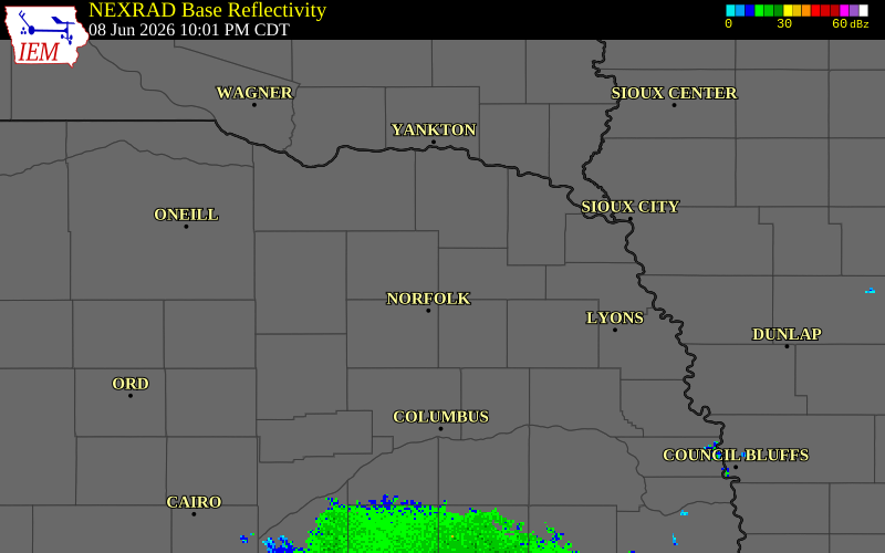 NEXRAD radar during the Monday, June 8, 2026 storm activity in Wayne County, Nebraska