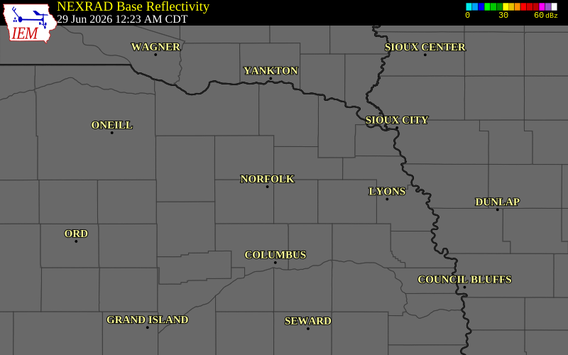 NEXRAD radar during the Monday, June 29, 2026 storm activity in Wayne County, Nebraska