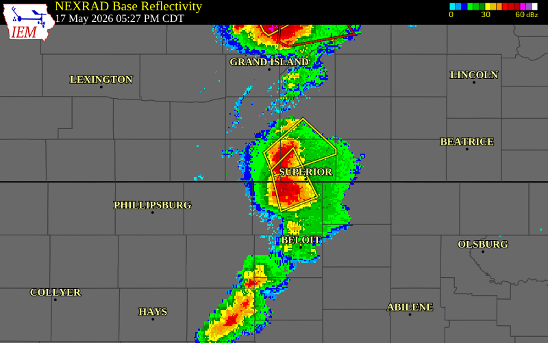 NEXRAD radar during the Sunday, May 17, 2026 storm activity in Webster County, Nebraska