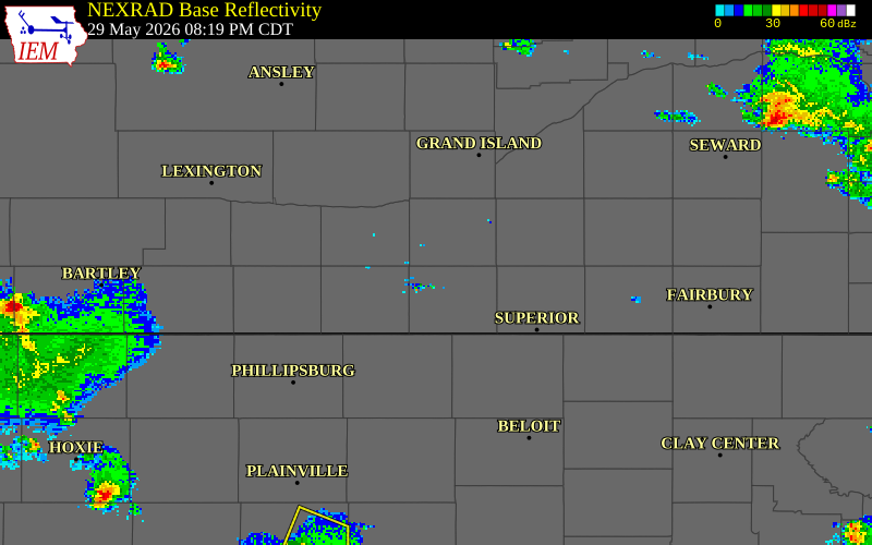 NEXRAD radar during the Friday, May 29, 2026 storm activity in Webster County, Nebraska