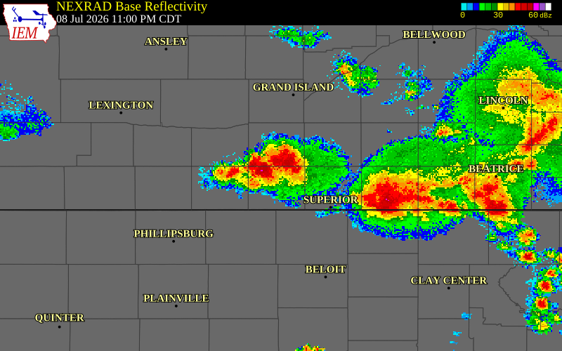 NEXRAD radar during the Wednesday, July 8, 2026 storm activity in Webster County, Nebraska