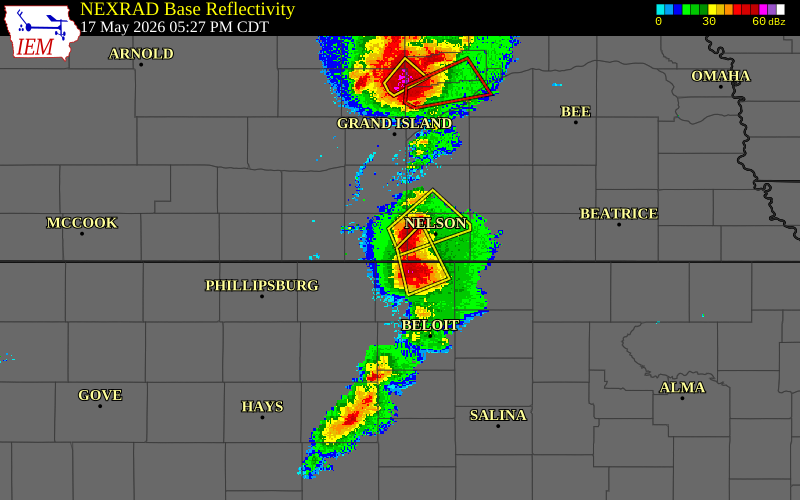 Radar snapshot during the May 17, 2026 hail event near 5 N Guide Rock, Webster County, Nebraska, with NWS warning polygons