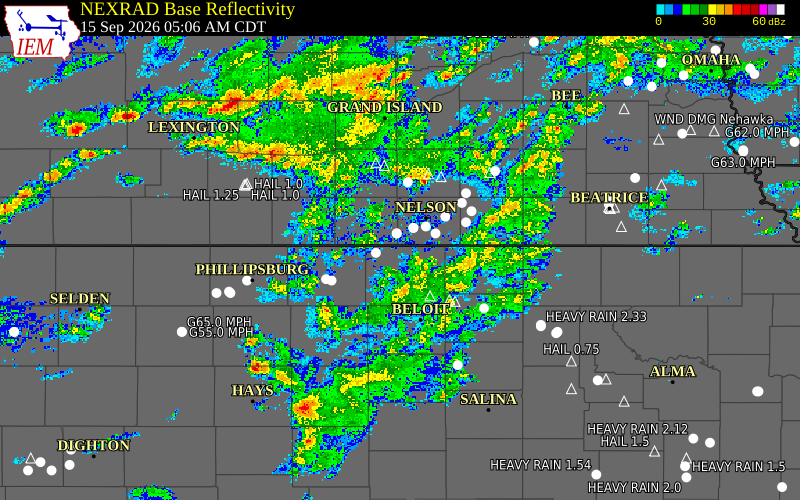Current NEXRAD radar over Webster County, Nebraska with recent storm report locations