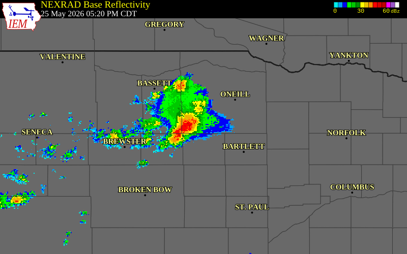 NEXRAD radar during the Monday, May 25, 2026 storm activity in Wheeler County, Nebraska