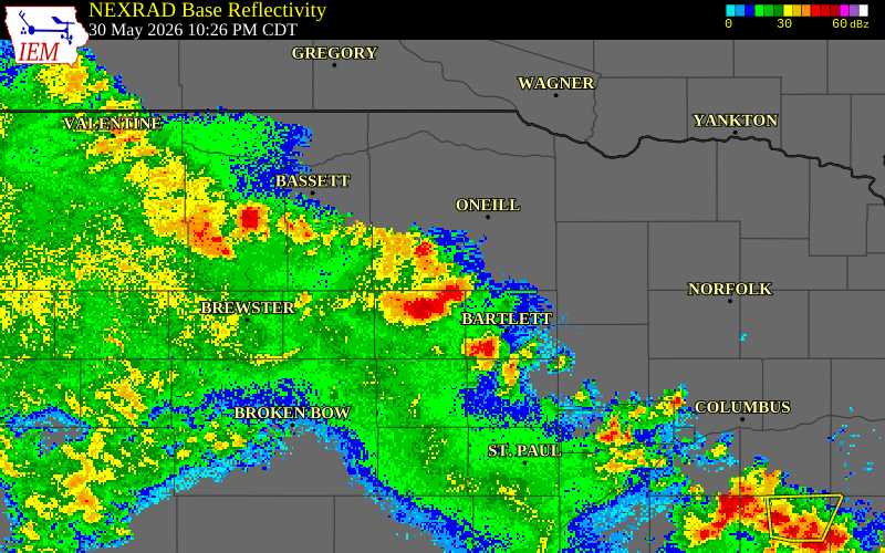 NEXRAD radar during the Saturday, May 30, 2026 storm activity in Wheeler County, Nebraska