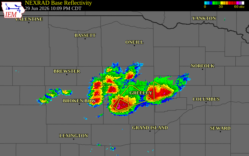 NEXRAD radar during the Monday, June 29, 2026 storm activity in Wheeler County, Nebraska