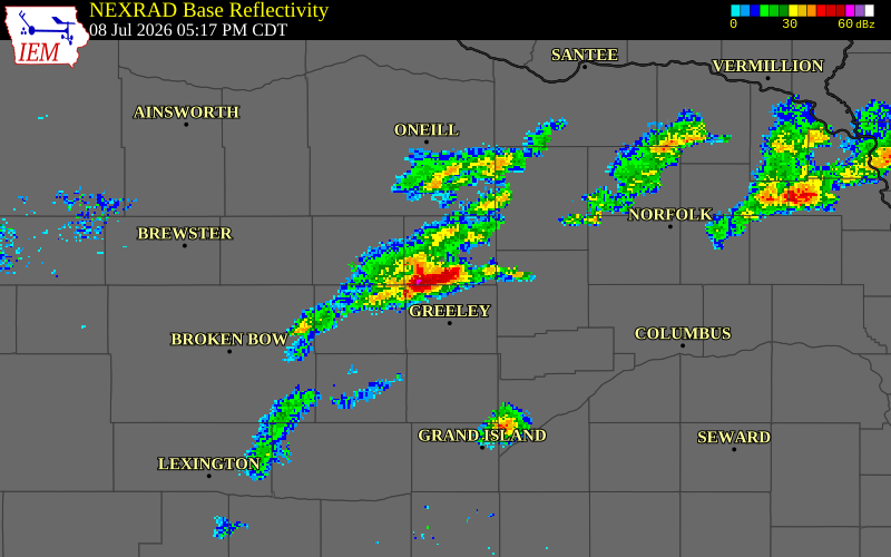 NEXRAD radar during the Wednesday, July 8, 2026 storm activity in Wheeler County, Nebraska