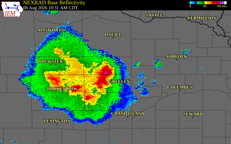 NEXRAD radar during the Saturday, August 8, 2026 storm activity in Wheeler County, Nebraska