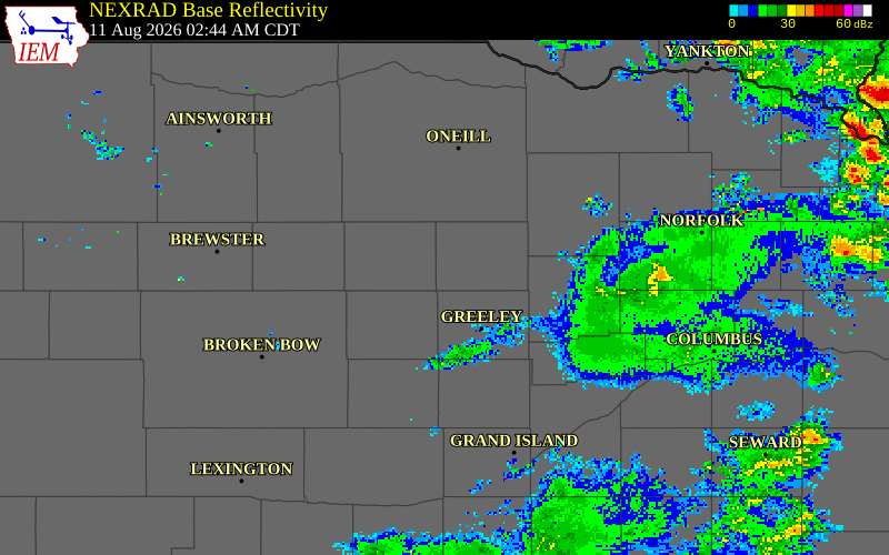 NEXRAD radar during the Tuesday, August 11, 2026 storm activity in Wheeler County, Nebraska