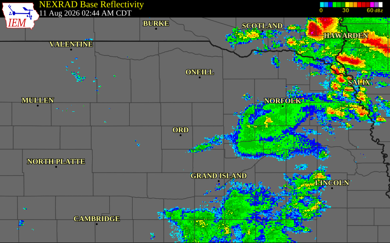 Radar snapshot during the Aug 11, 2026 wind event near 3 NW Ericson, Wheeler County, Nebraska, with NWS warning polygons