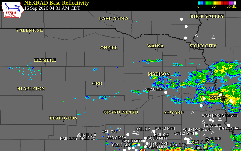 Current NEXRAD radar over Wheeler County, Nebraska with recent storm report locations