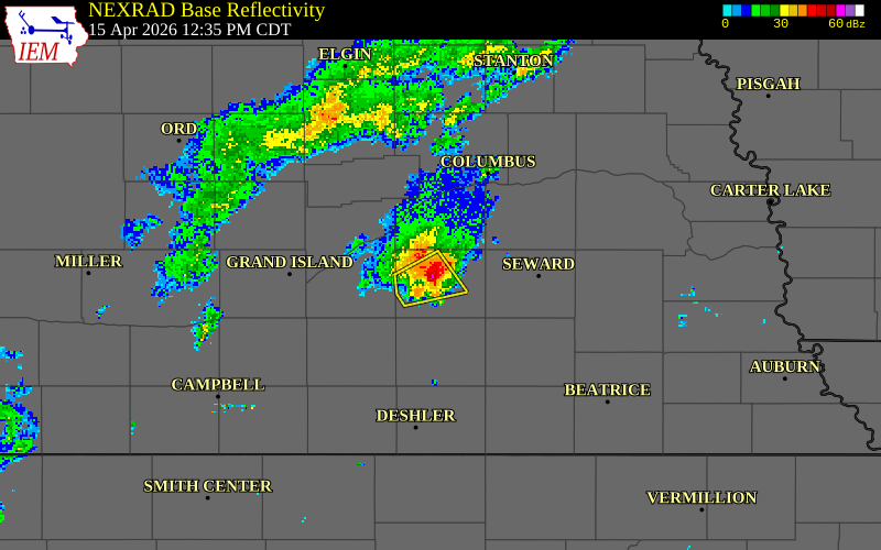 NEXRAD radar during the Wednesday, April 15, 2026 storm activity in York County, Nebraska
