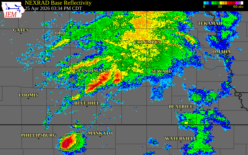 NEXRAD radar during the Saturday, April 25, 2026 storm activity in York County, Nebraska