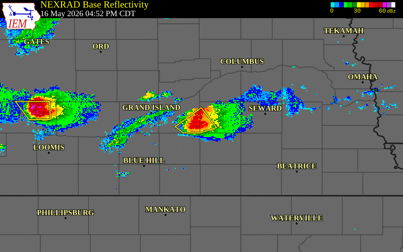 NEXRAD radar during the Saturday, May 16, 2026 storm activity in York County, Nebraska