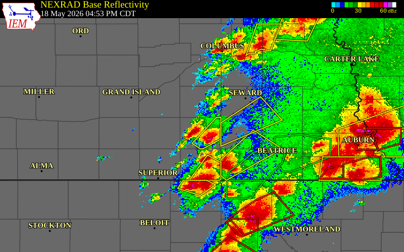 NEXRAD radar during the Monday, May 18, 2026 storm activity in York County, Nebraska