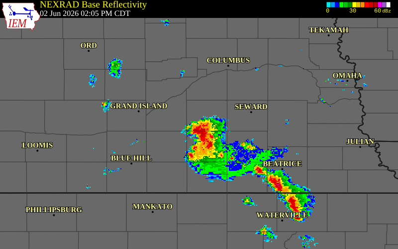 NEXRAD radar during the Tuesday, June 2, 2026 storm activity in York County, Nebraska