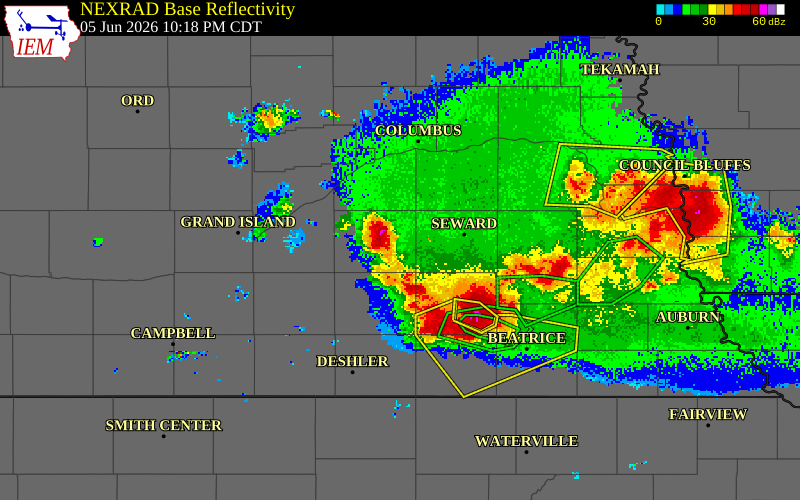 NEXRAD radar during the Friday, June 5, 2026 storm activity in York County, Nebraska