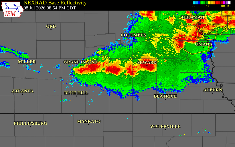 NEXRAD radar during the Wednesday, July 8, 2026 storm activity in York County, Nebraska