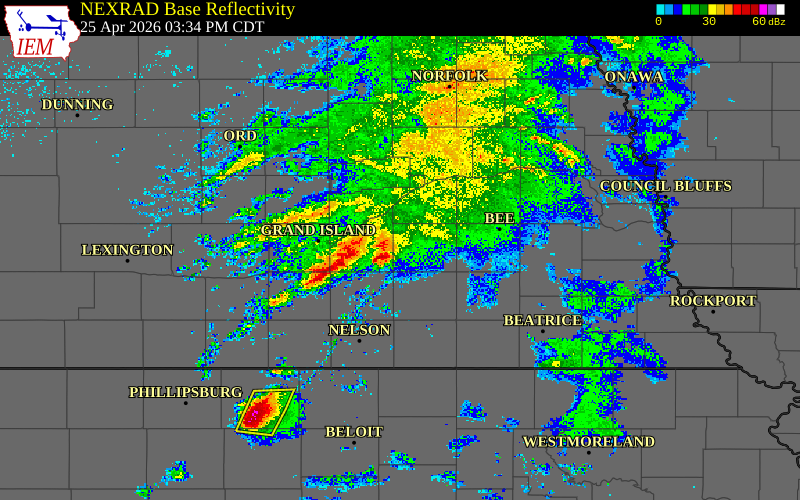 Radar snapshot during the Apr 25, 2026 tornado event near 3 SW Bradshaw, York County, Nebraska, with NWS warning polygons