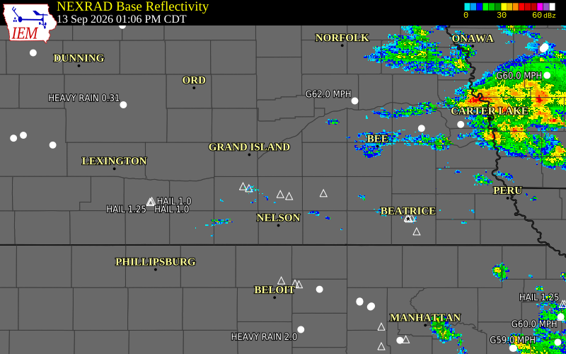 Current NEXRAD radar over York County, Nebraska with recent storm report locations