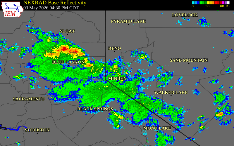NEXRAD radar during the Sunday, May 3, 2026 storm activity in Carson City County, Nevada