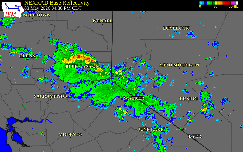 Radar snapshot during the May 3, 2026 wind event near 1 WNW Stewart, Carson City County, Nevada, with NWS warning polygons